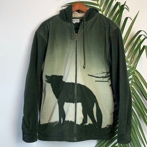 Vintage Mountain Ridge Forest Green Fleece Zip Up Hooded Fall Jacket